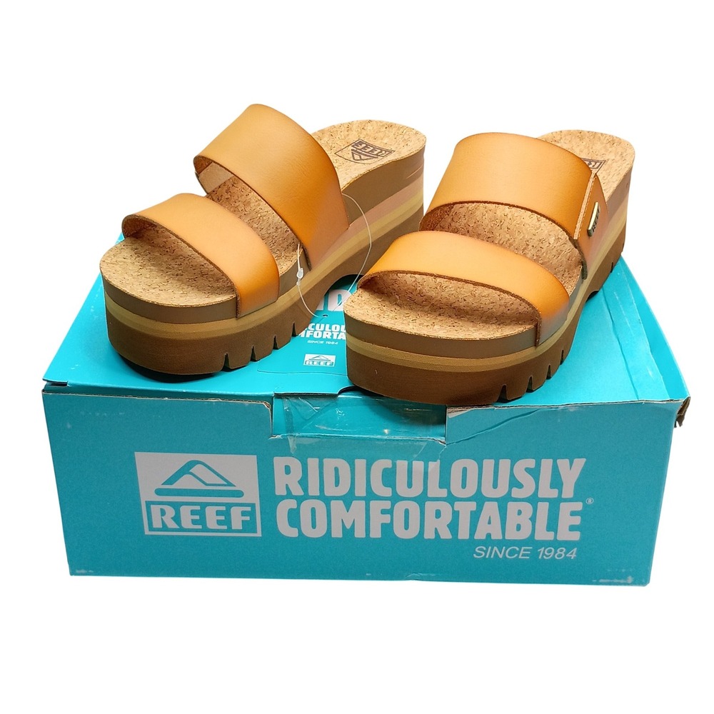 Reef Cushion Vista Higher Sandals Women Size 7 Natural Tan Platform Slides